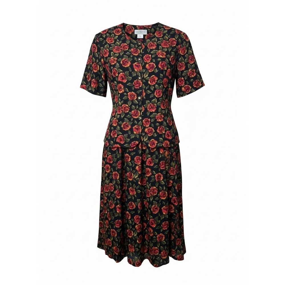 Norton McNaughton Vintage 90s Rose Floral Two Piece Skirt Set Black Red L